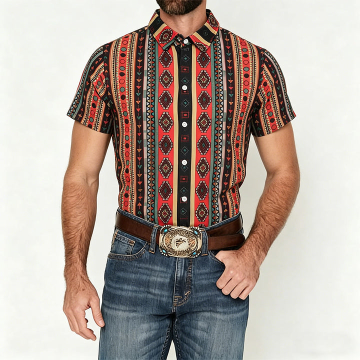 Camicia casual da uomo a maniche corte con stampa a righe tribali in stile western. - image 1