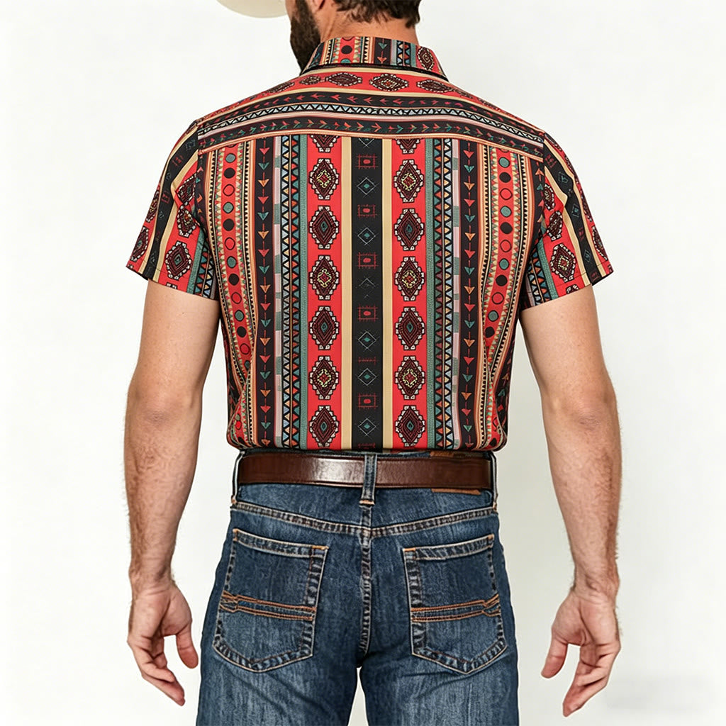 Camicia casual da uomo a maniche corte con stampa a righe tribali in stile western. - image 2