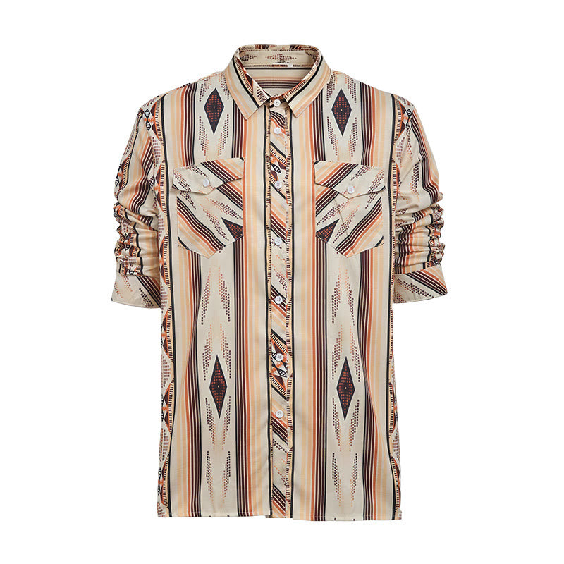 Camicia da uomo estiva a maniche lunghe con motivo geometrico a righe in stile western e bottoni. - image 9