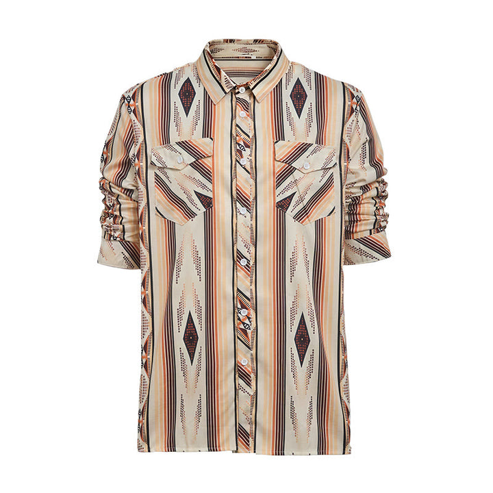 Camicia da uomo estiva a maniche lunghe con motivo geometrico a righe in stile western e bottoni. - image 9