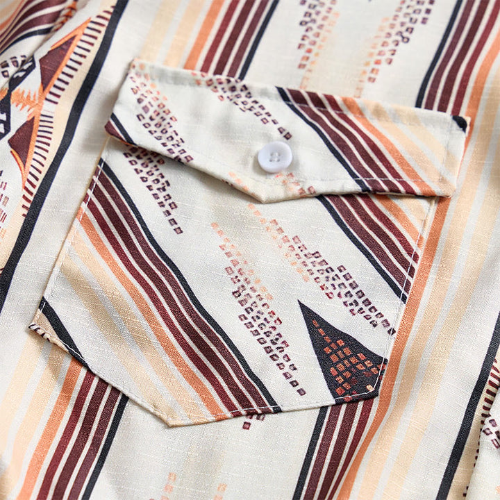 Camicia da uomo estiva a maniche lunghe con motivo geometrico a righe in stile western e bottoni. - image 7
