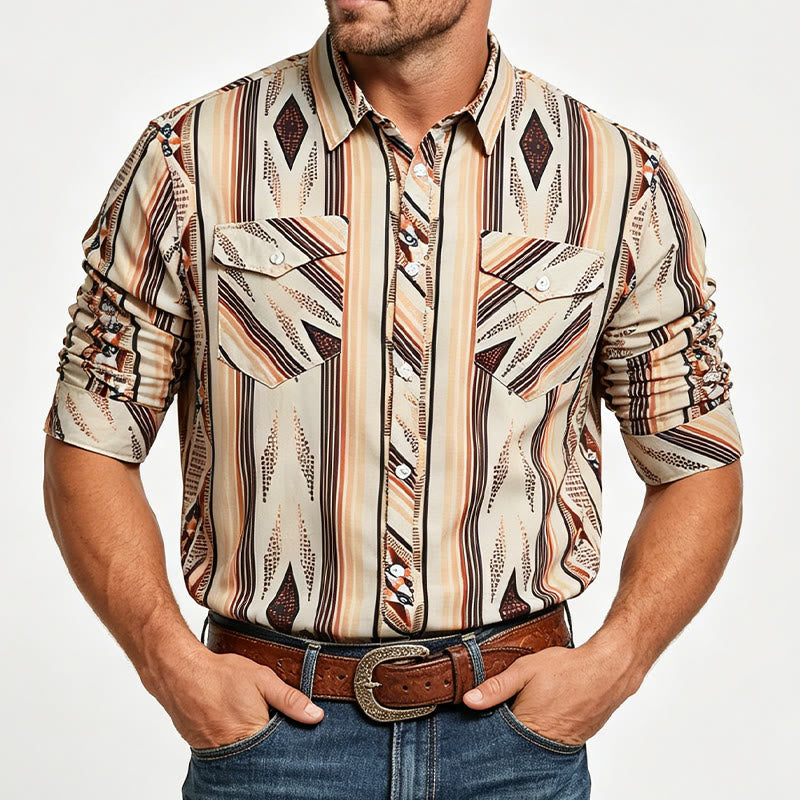 Camicia da uomo estiva a maniche lunghe con motivo geometrico a righe in stile western e bottoni. - image 1