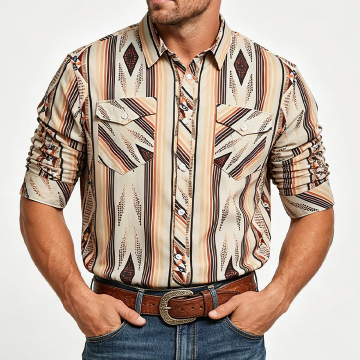 Camicia da uomo estiva a maniche lunghe con motivo geometrico a righe in stile western e bottoni. - image 1