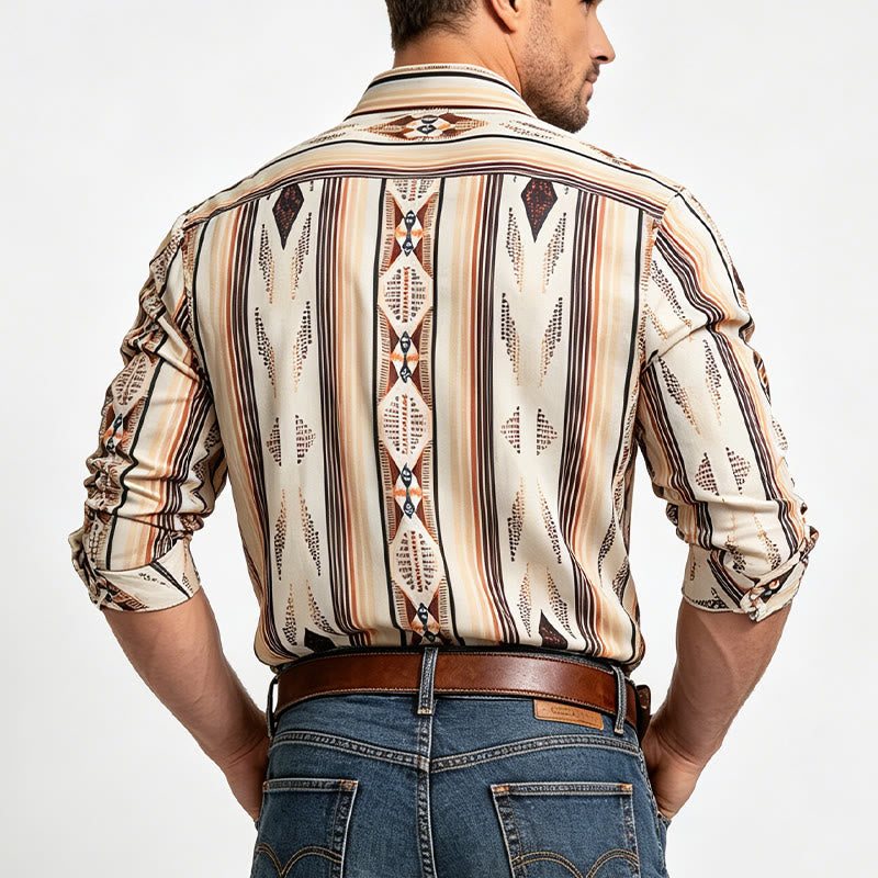 Camicia da uomo estiva a maniche lunghe con motivo geometrico a righe in stile western e bottoni. - image 2