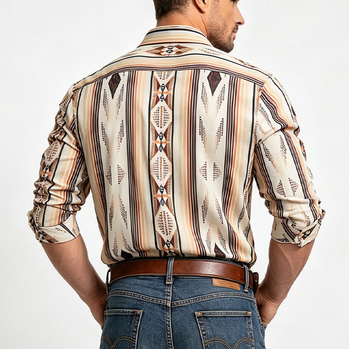 Camicia da uomo estiva a maniche lunghe con motivo geometrico a righe in stile western e bottoni. - image 2