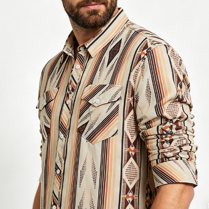 Camicia da uomo estiva a maniche lunghe con motivo geometrico a righe in stile western e bottoni. - image 3