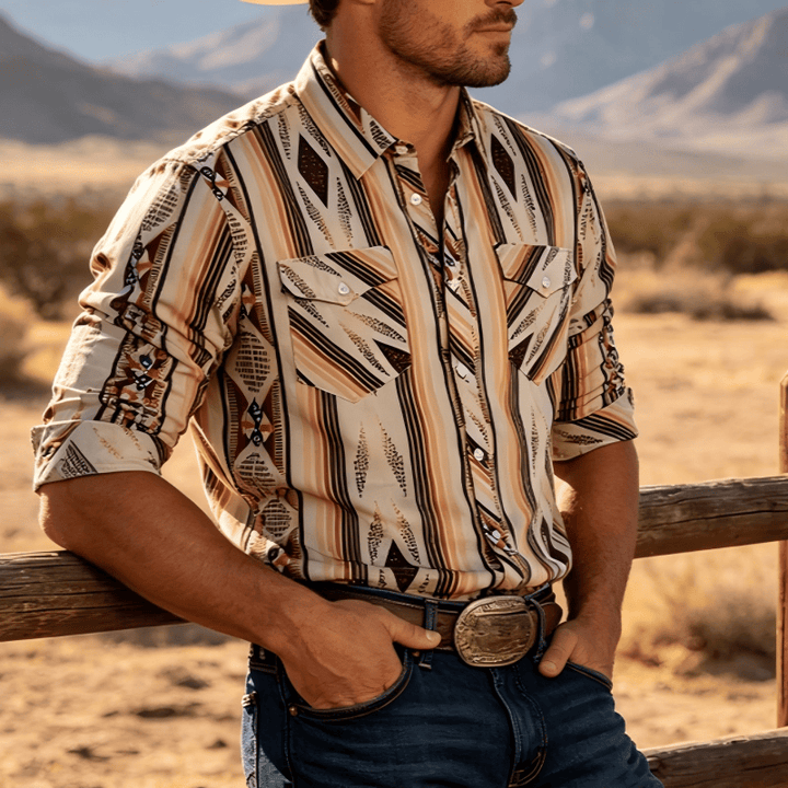 Camicia da uomo estiva a maniche lunghe con motivo geometrico a righe in stile western e bottoni. - Beige - 3XL - image 0
