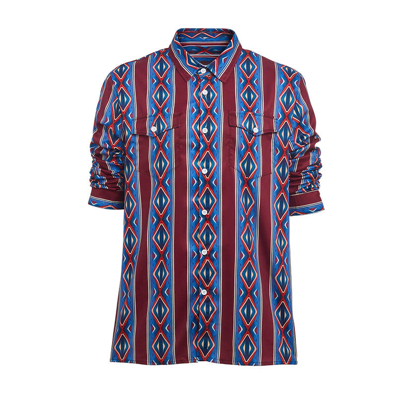 Camicia casual da uomo a maniche lunghe con righe rosse e blu in stile retrò da cowboy. - image 8