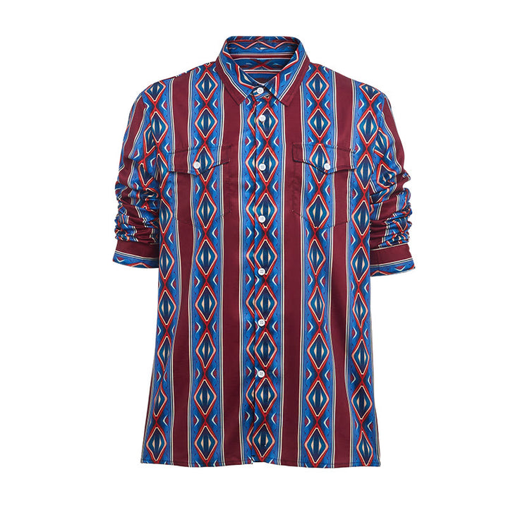 Camicia casual da uomo a maniche lunghe con righe rosse e blu in stile retrò da cowboy. - image 8