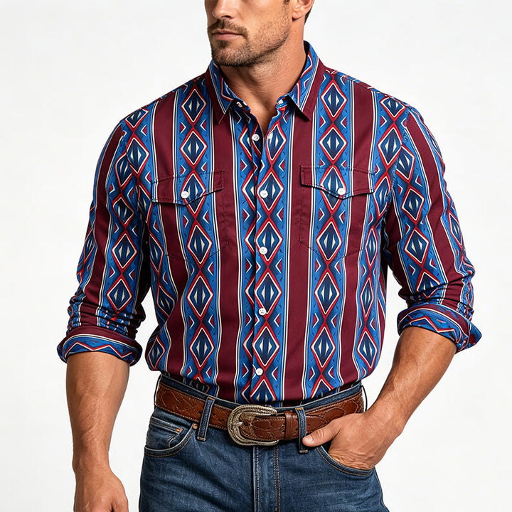 Camicia casual da uomo a maniche lunghe con righe rosse e blu in stile retrò da cowboy. - image 1