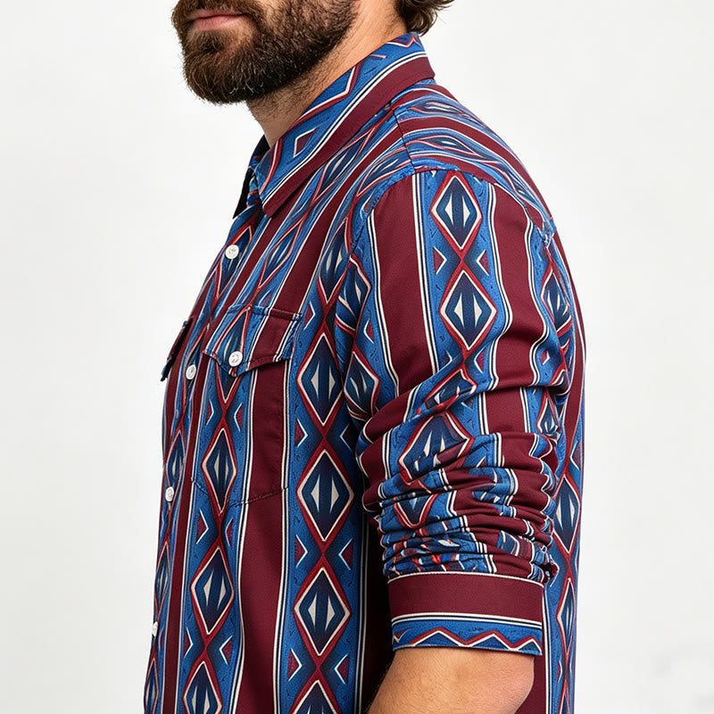 Camicia casual da uomo a maniche lunghe con righe rosse e blu in stile retrò da cowboy. - image 3