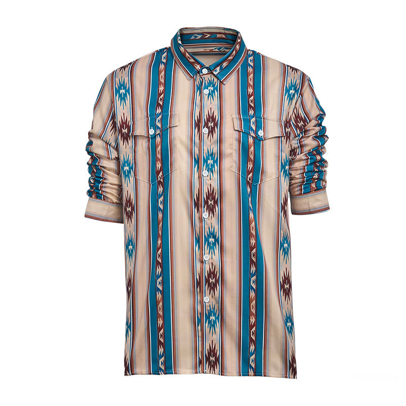 Camicia casual da uomo a maniche lunghe con stampa a righe in stile western vintage. - image 9