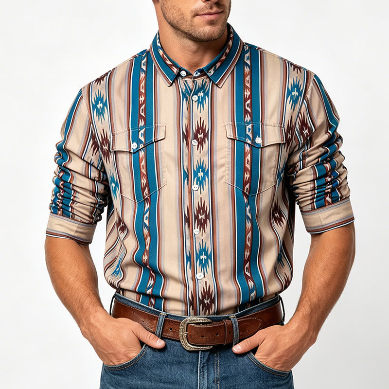 Camicia casual da uomo a maniche lunghe con stampa a righe in stile western vintage. - image 1