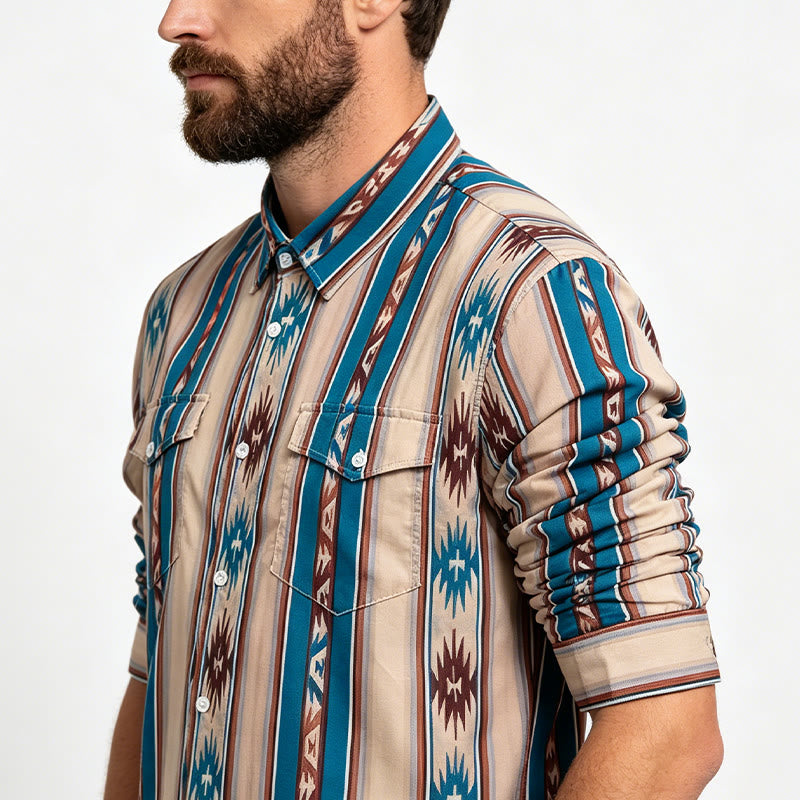 Camicia casual da uomo a maniche lunghe con stampa a righe in stile western vintage. - image 3