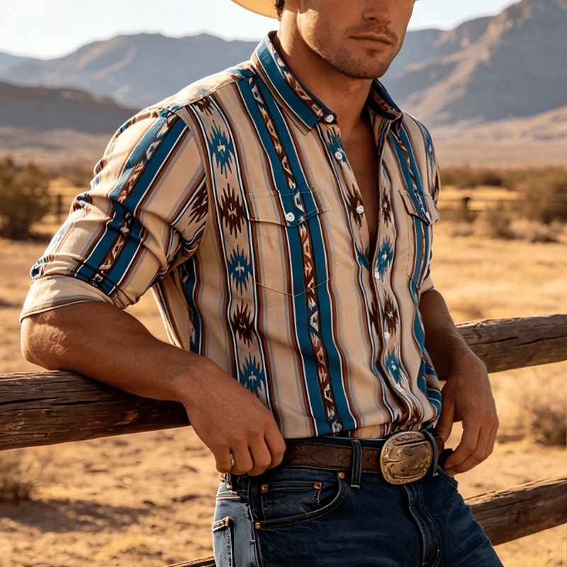 Camicia casual da uomo a maniche lunghe con stampa a righe in stile western vintage. - Verde - 3XL - image 0