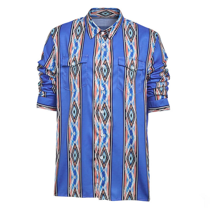 Camicia da uomo a maniche lunghe con bottoni, a righe blu, stile western etnico. - image 9