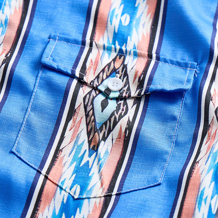 Camicia da uomo a maniche lunghe con bottoni, a righe blu, stile western etnico. - image 8