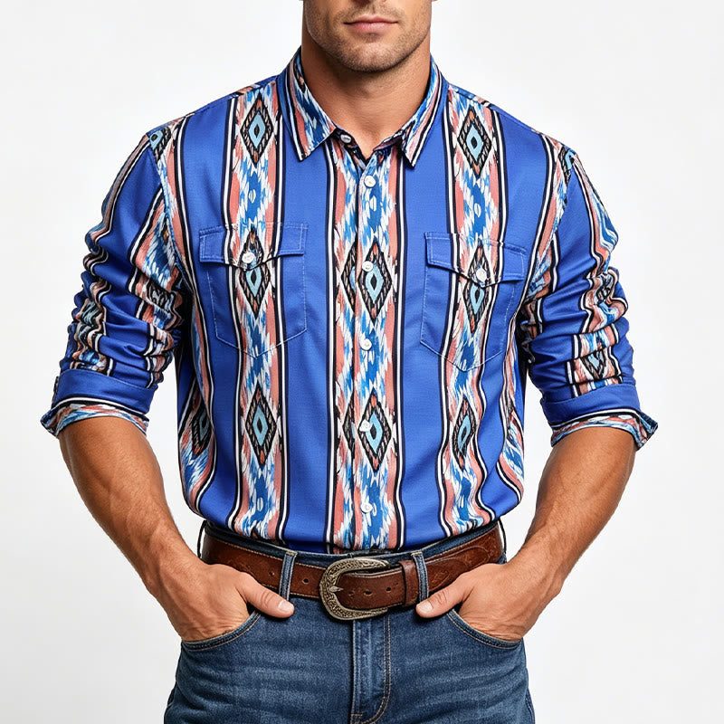 Camicia da uomo a maniche lunghe con bottoni, a righe blu, stile western etnico. - image 1