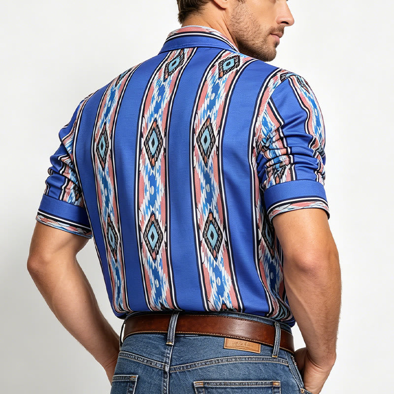 Camicia da uomo a maniche lunghe con bottoni, a righe blu, stile western etnico. - image 2