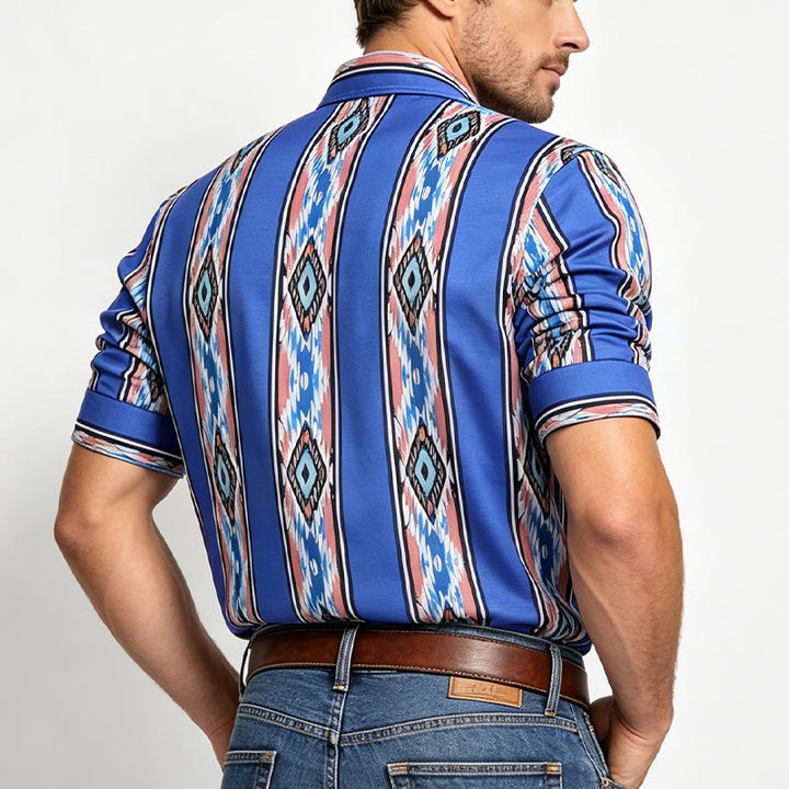 Camicia da uomo a maniche lunghe con bottoni, a righe blu, stile western etnico. - image 2
