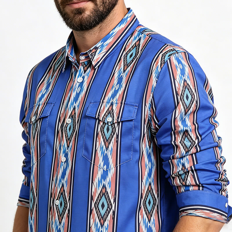 Camicia da uomo a maniche lunghe con bottoni, a righe blu, stile western etnico. - image 3