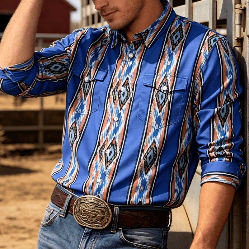 Camicia da uomo a maniche lunghe con bottoni, a righe blu, stile western etnico. - Blu - 3XL - image 0
