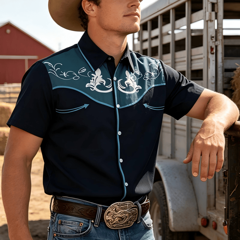 Camicia da uomo a maniche corte con stampa western e bottoni - Lago Blu - 5XL - image 0