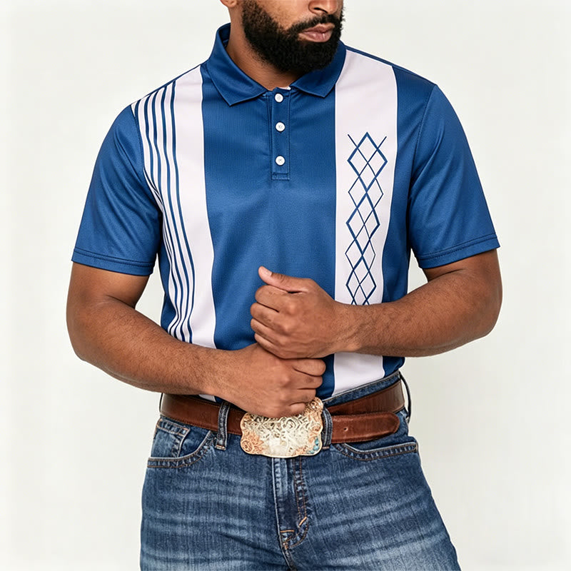 Polo casual da uomo a righe vintage con motivo a rombi - image 1