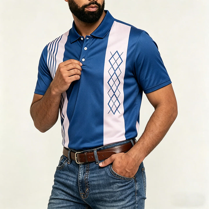 Polo casual da uomo a righe vintage con motivo a rombi - image 3