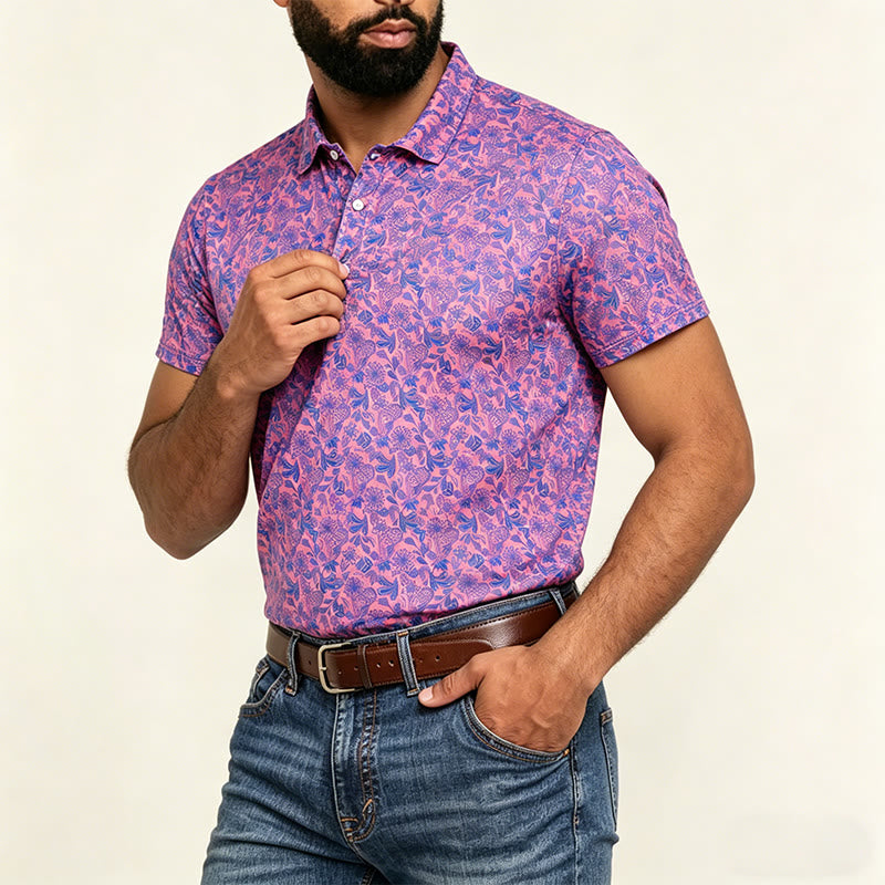 Polo da uomo a maniche corte con stampa floreale rosa e blu - image 3
