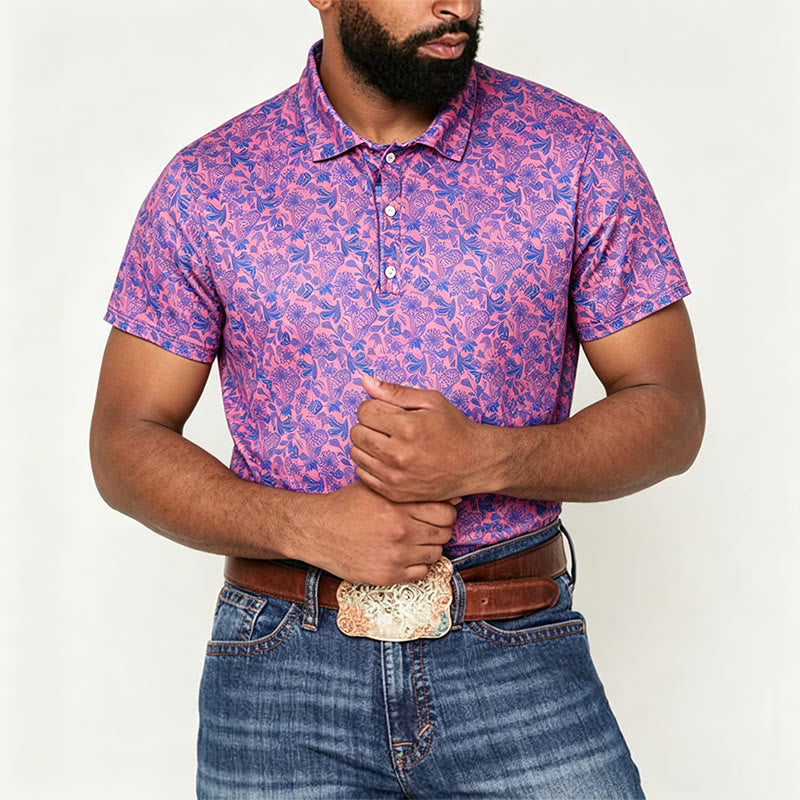 Polo da uomo a maniche corte con stampa floreale rosa e blu - image 1