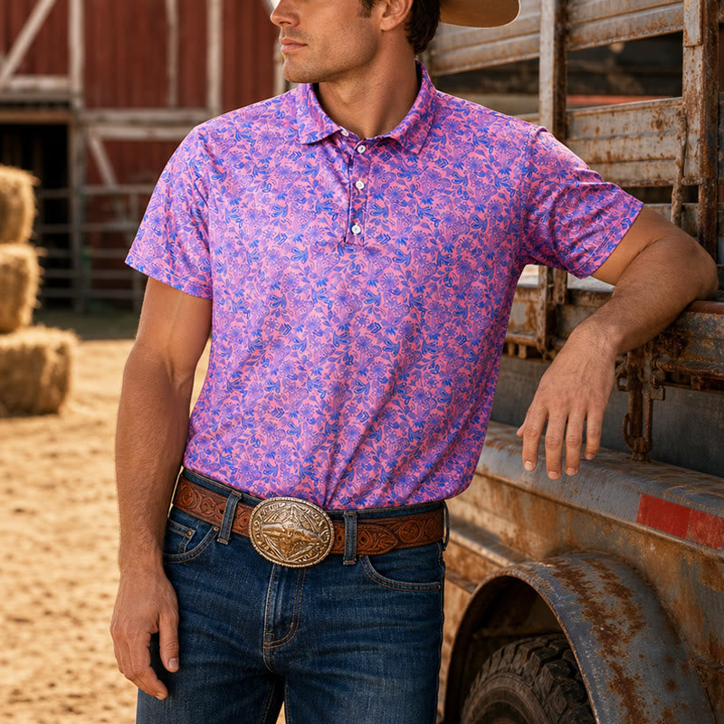 Polo da uomo a maniche corte con stampa floreale rosa e blu - Rosa - 5XL - image 0