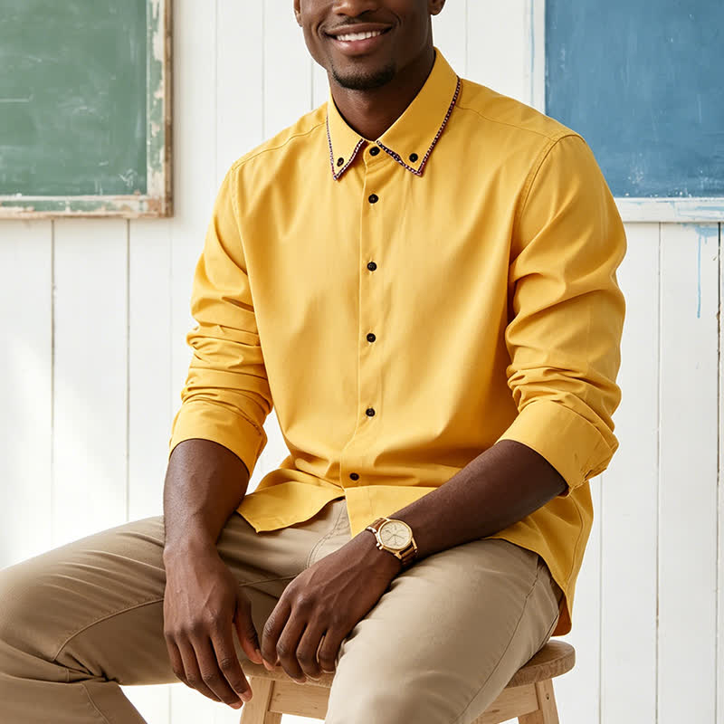 Elegante camicia da uomo a doppio colletto con motivo a quadri a contrasto. - Giallo - 3XL - image 0