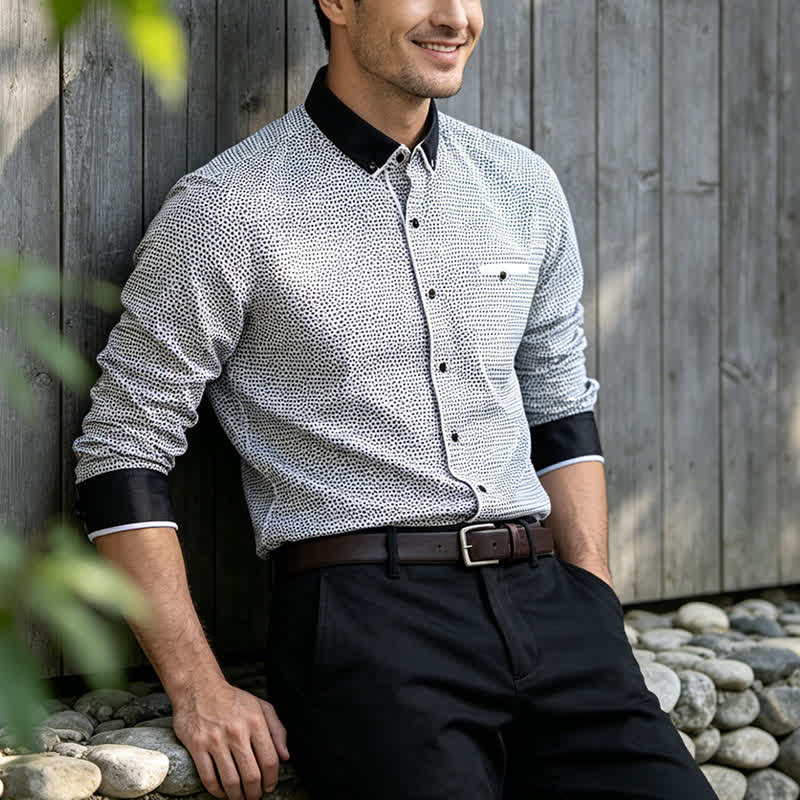 Camicia elegante da uomo con micro croci bianche e nere - Bianco e nero - 5XL - image 0