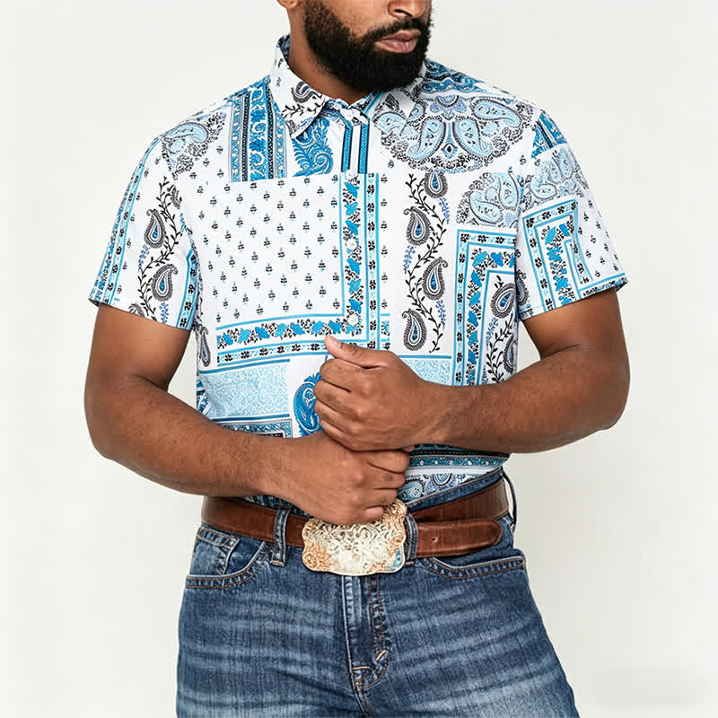 Camicia da uomo vintage blu e bianca con stampa paisley a patchwork. - image 1