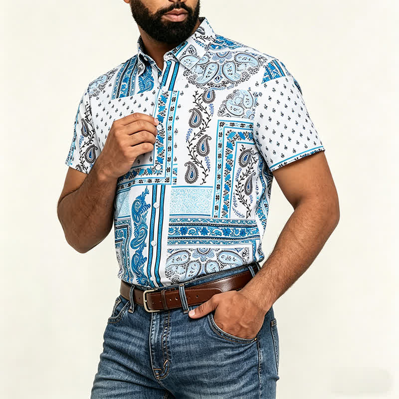 Camicia da uomo vintage blu e bianca con stampa paisley a patchwork. - image 3