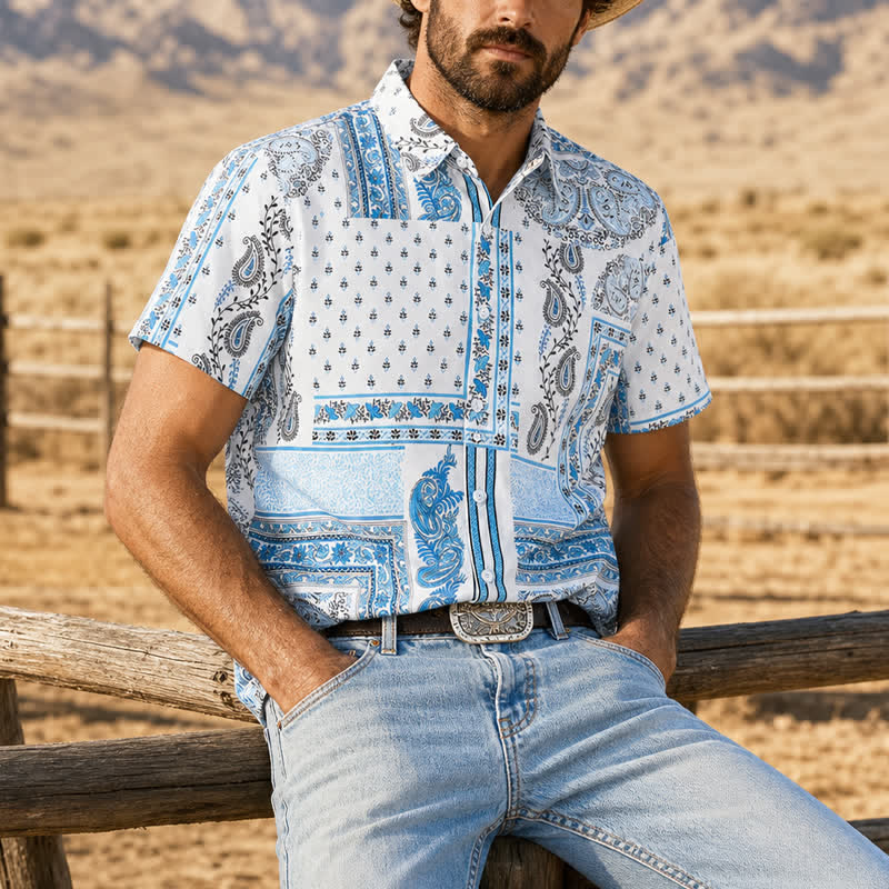 Camicia da uomo vintage blu e bianca con stampa paisley a patchwork. - Blu e bianco - 5XL - image 0