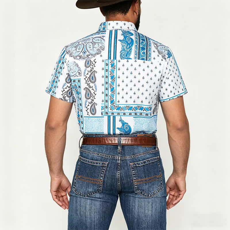 Camicia da uomo vintage blu e bianca con stampa paisley a patchwork. - image 2