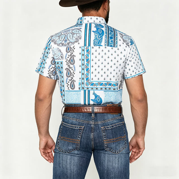 Camicia da uomo vintage blu e bianca con stampa paisley a patchwork. - image 2