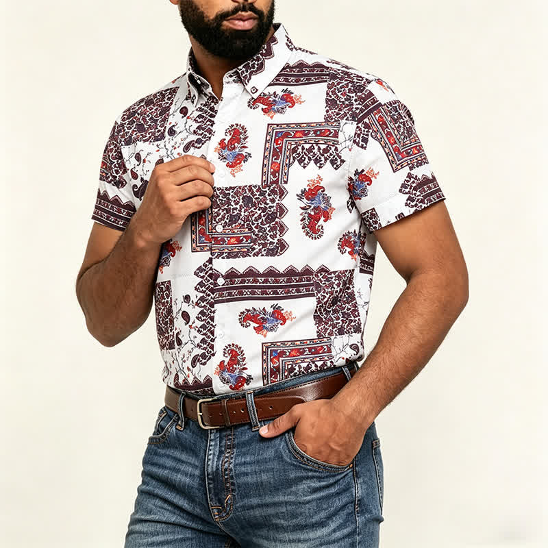 Camicia da uomo con bordo tribale marrone scuro e stampa paisley bianca - image 3