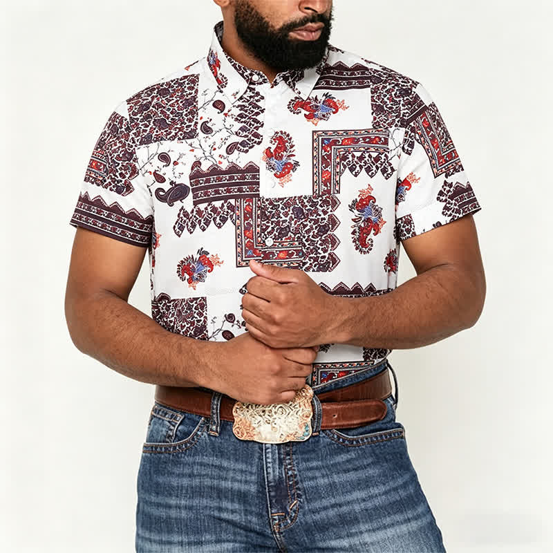 Camicia da uomo con bordo tribale marrone scuro e stampa paisley bianca - image 1