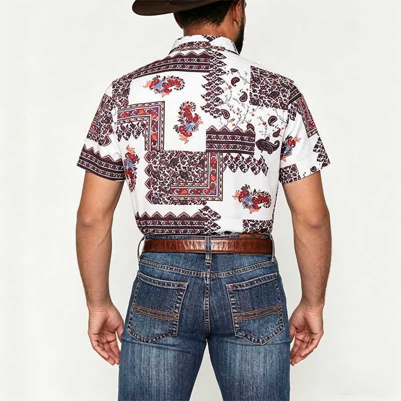 Camicia da uomo con bordo tribale marrone scuro e stampa paisley bianca - image 2