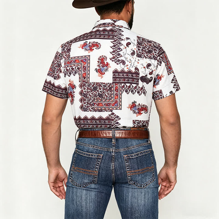 Camicia da uomo con bordo tribale marrone scuro e stampa paisley bianca - image 2
