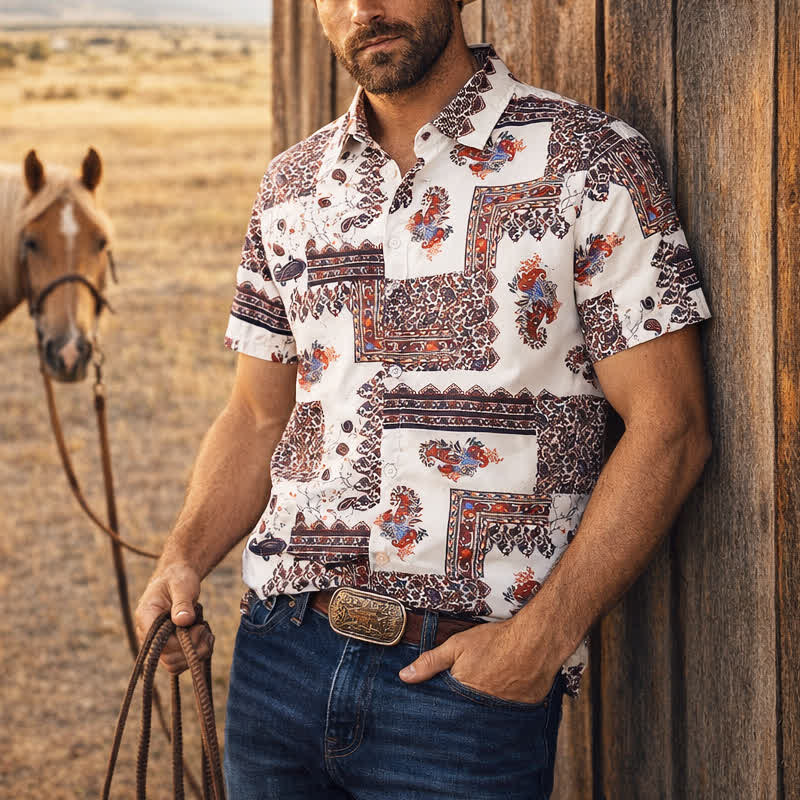 Camicia da uomo con bordo tribale marrone scuro e stampa paisley bianca - Marrone scuro e bianco - 5XL - image 0