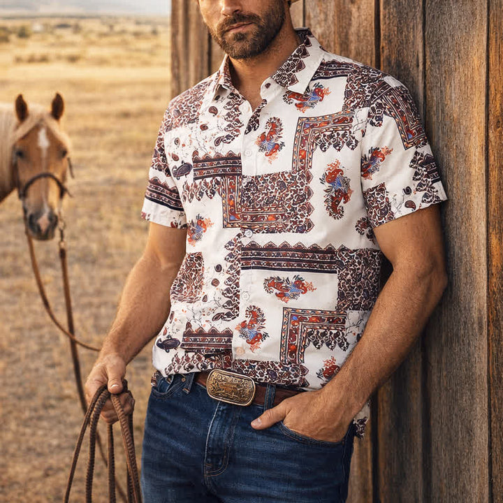 Camicia da uomo con bordo tribale marrone scuro e stampa paisley bianca - Marrone scuro e bianco - 5XL - image 0