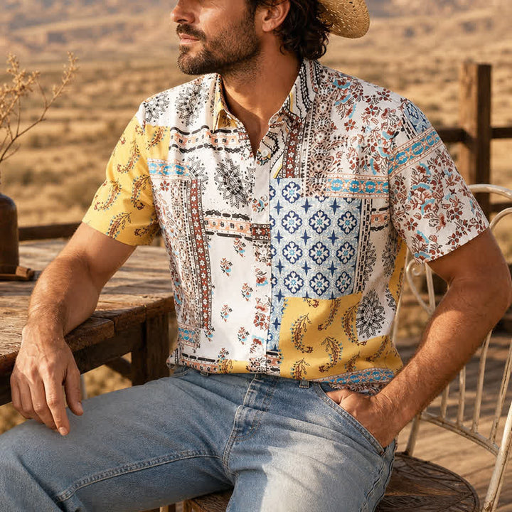 Camicia da uomo in stile retrò con patchwork azteco e floreale e stampa paisley. - Giallo e bianco - 2XL - image 0