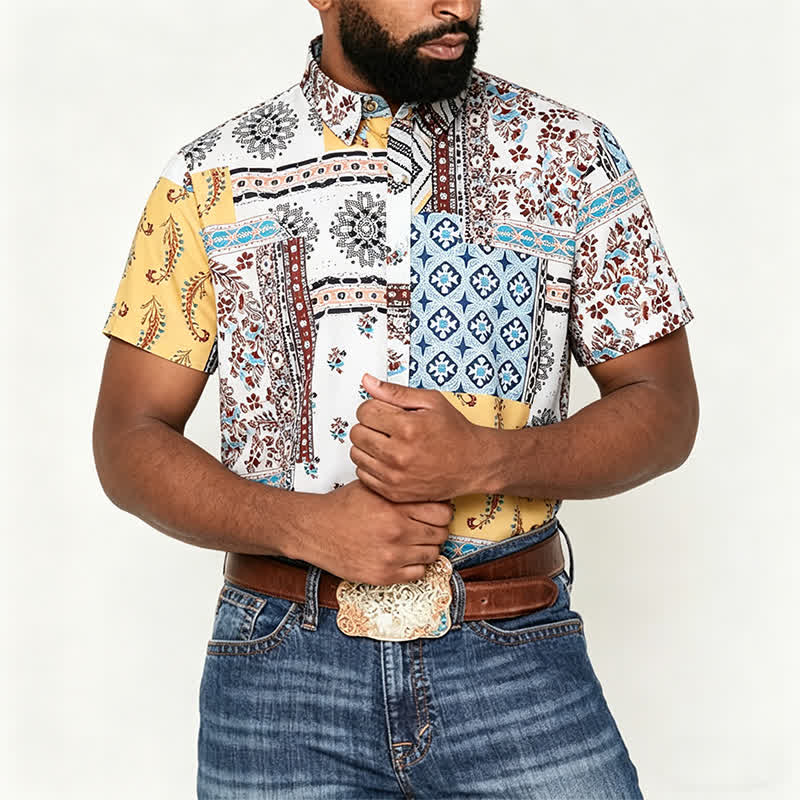 Camicia da uomo in stile retrò con patchwork azteco e floreale e stampa paisley. - image 1