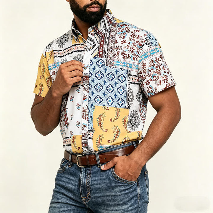 Camicia da uomo in stile retrò con patchwork azteco e floreale e stampa paisley. - image 3