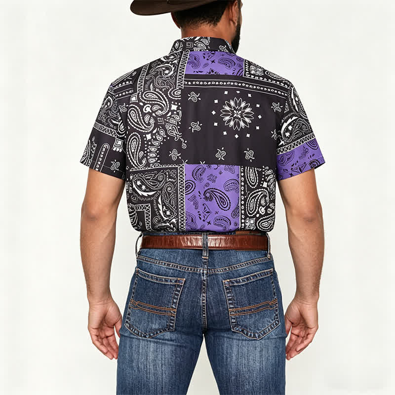 Camicia da uomo streetwear nera e viola con stampa paisley - image 2