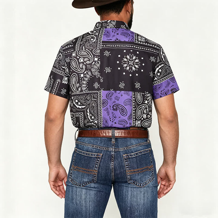 Camicia da uomo streetwear nera e viola con stampa paisley - image 2